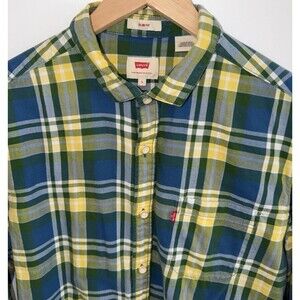 Levi's Mens Sz Large Flannel Shirt Blue Yellow Green Slim Rodeo Western Preppy